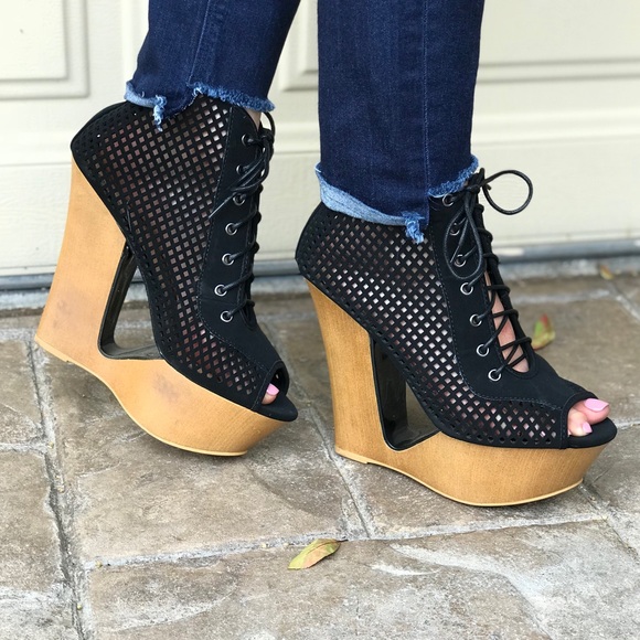 Boutique Shoes - NIB Black Cut Out Lace Up Peep Toe Platform Wedge
